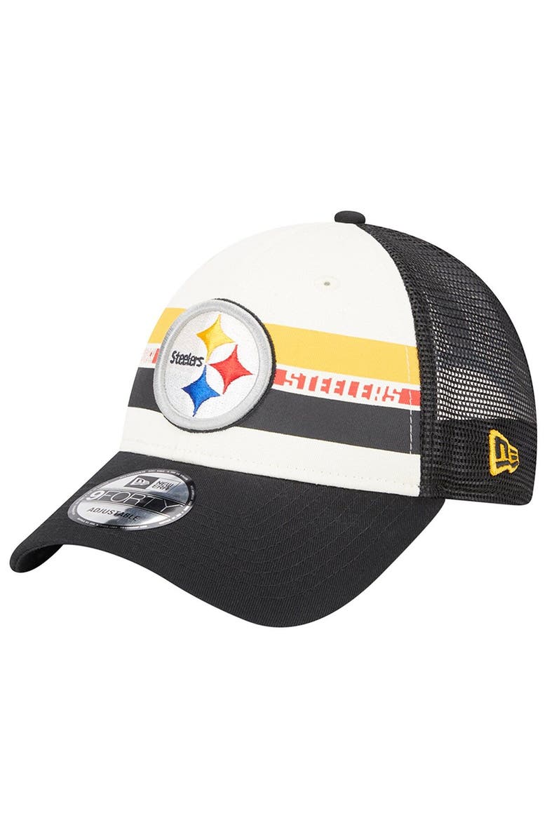New Era Men's New Era Cream/Black Pittsburgh Steelers Team Stripe Trucker 9FORTY Snapback Hat, Main, color,