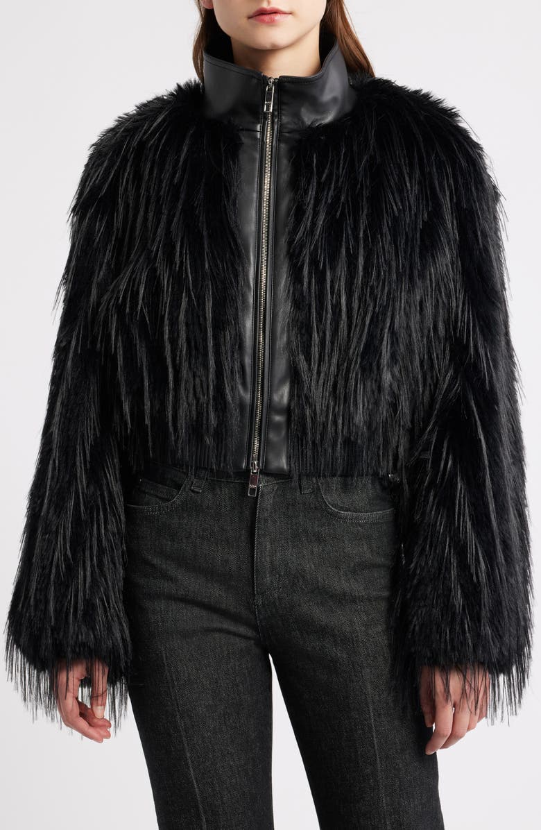 BOSS Cecool Faux Leather & Faux Fur Crop Jacket, Alternate, color, Black