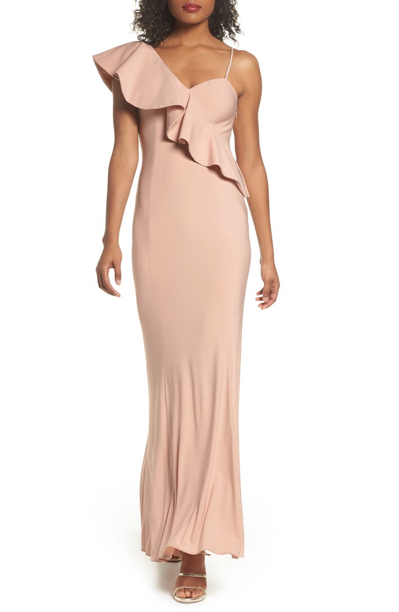 Xscape Evenings Xscape Ruffle Knit One-Shoulder Gown, Main, color,