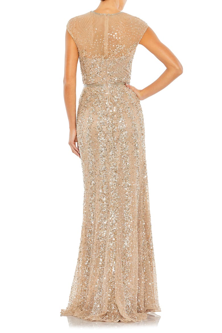 Embellished Illusion High Neck Cap Sleeve Gown, Alternate, color, NUDE