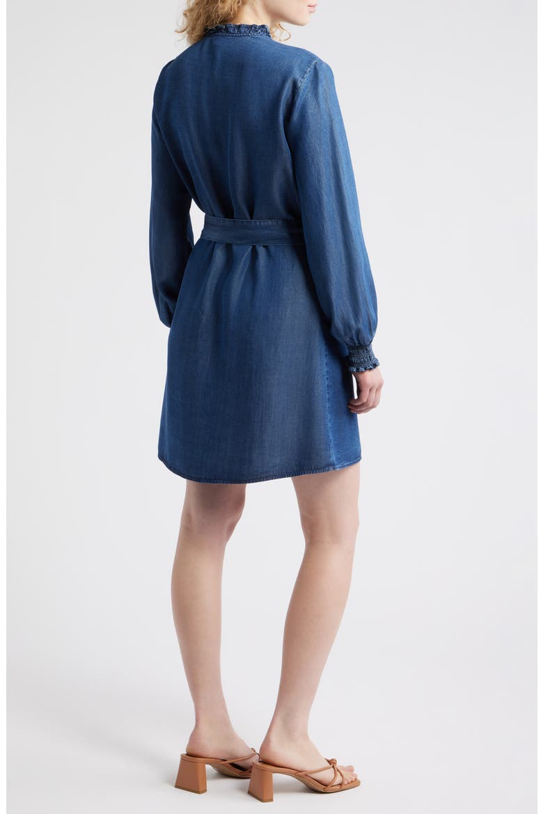 Ruffle Trim Tie Waist Denim Dress, Alternate, color, DARK TWILIGHT WASH