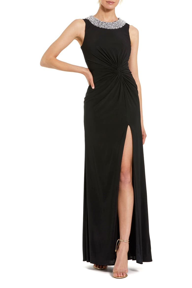 Rhinestone Embellished High Neck Twist Waist Jersey Gown, Main, color, Black