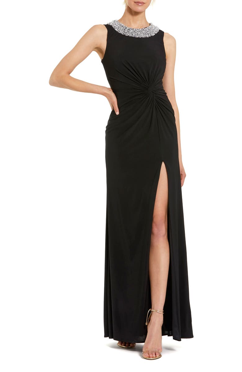 Mac Duggal Rhinestone Embellished High Neck Twist Waist Jersey Gown, Main, color, Black