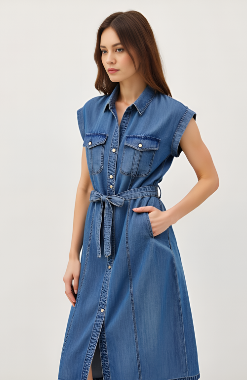Modenaire Sleeveless Denim Midi Shirt Dress With Button Front And Tie Waist In Blue