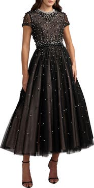 Mac Duggal Embellished Pearl Tulle Midi Dress
