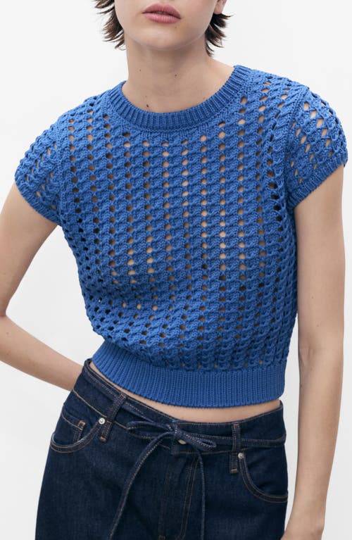 Mango Short Sleeve Open Knit Sweater In Blue
