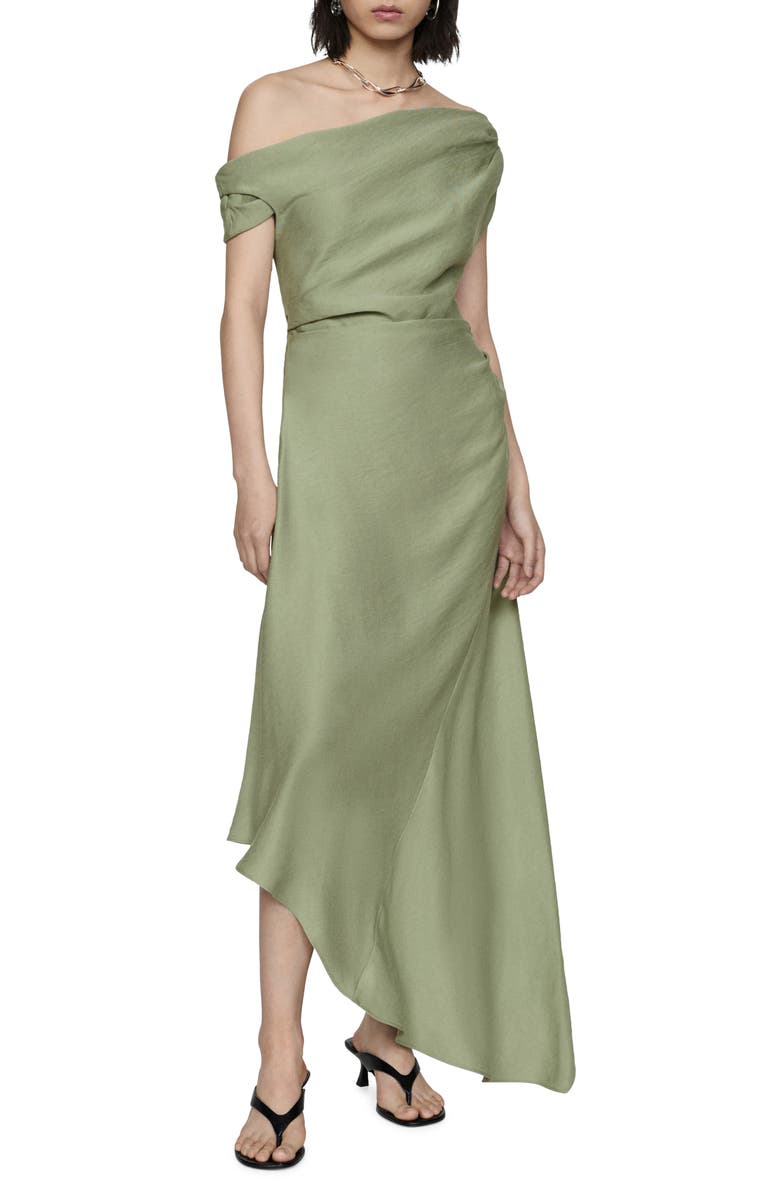 MANGO Ruched Asymmetric Hem One-Shoulder Dress, Main, color, Medium Green