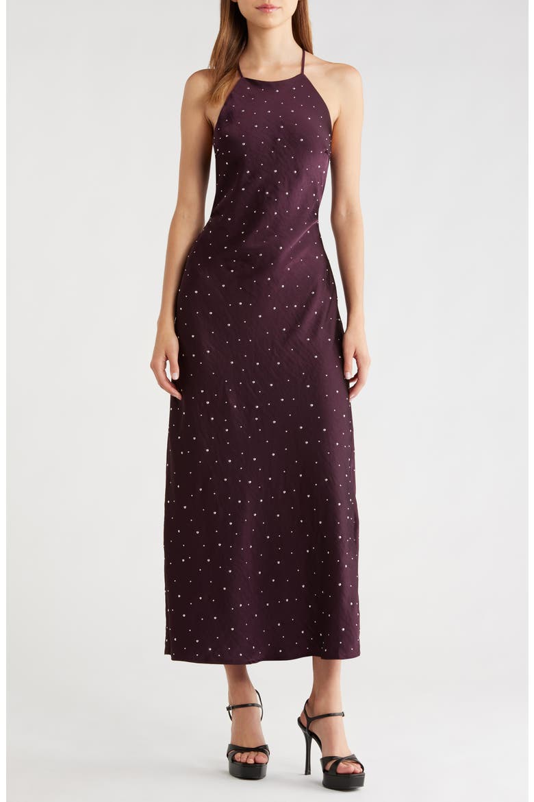 Halley Rhinestone Open Back Satin Midi Dress, Main, color, DEEP PURPLE