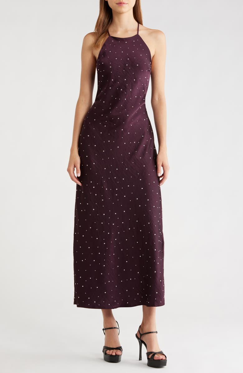 ASTR the Label Halley Rhinestone Open Back Satin Midi Dress, Main, color, Deep Purple