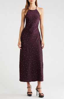 ASTR the Label Halley Rhinestone Open Back Satin Midi Dress