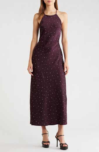 ASTR the Label Halley Rhinestone Open Back Satin Midi Dress