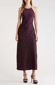 ASTR the Label Halley Rhinestone Open Back Satin Midi Dress
