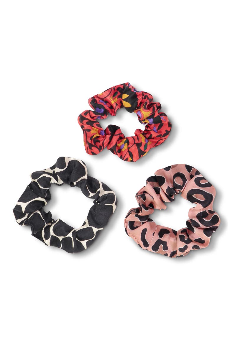 Assorted 3-Pack Silk Scrunchies, Main, color, BLACK/ RED/ BLUSH