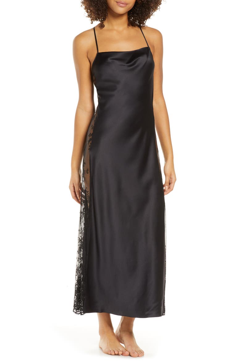 Darling Satin & Lace Nightgown, Main, color, BLACK