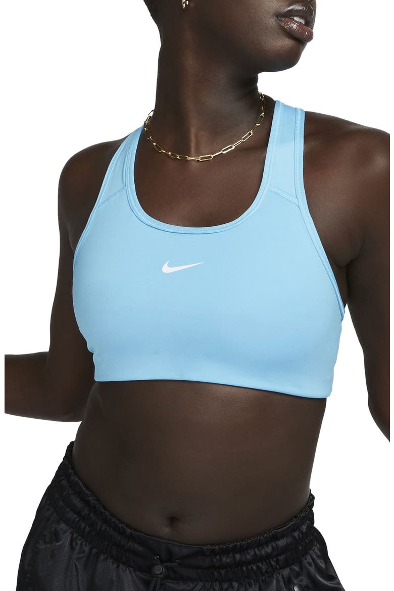 Swoosh Dri-FIT Racerback Sports Bra, Main, color, BALTIC BLUE/ WHITE