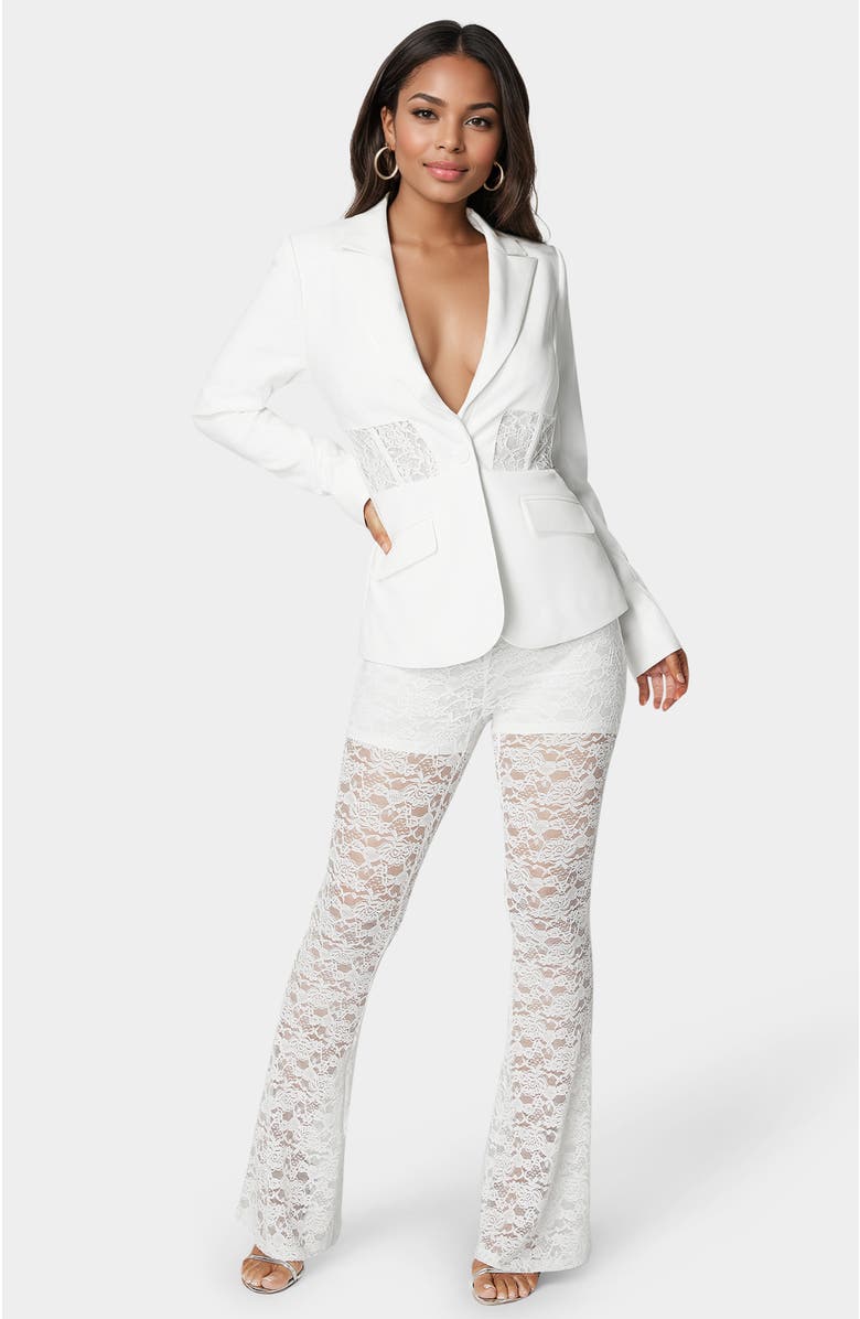 bebe Tailored Lace Combo Blazer, Main, color, White Alyssum