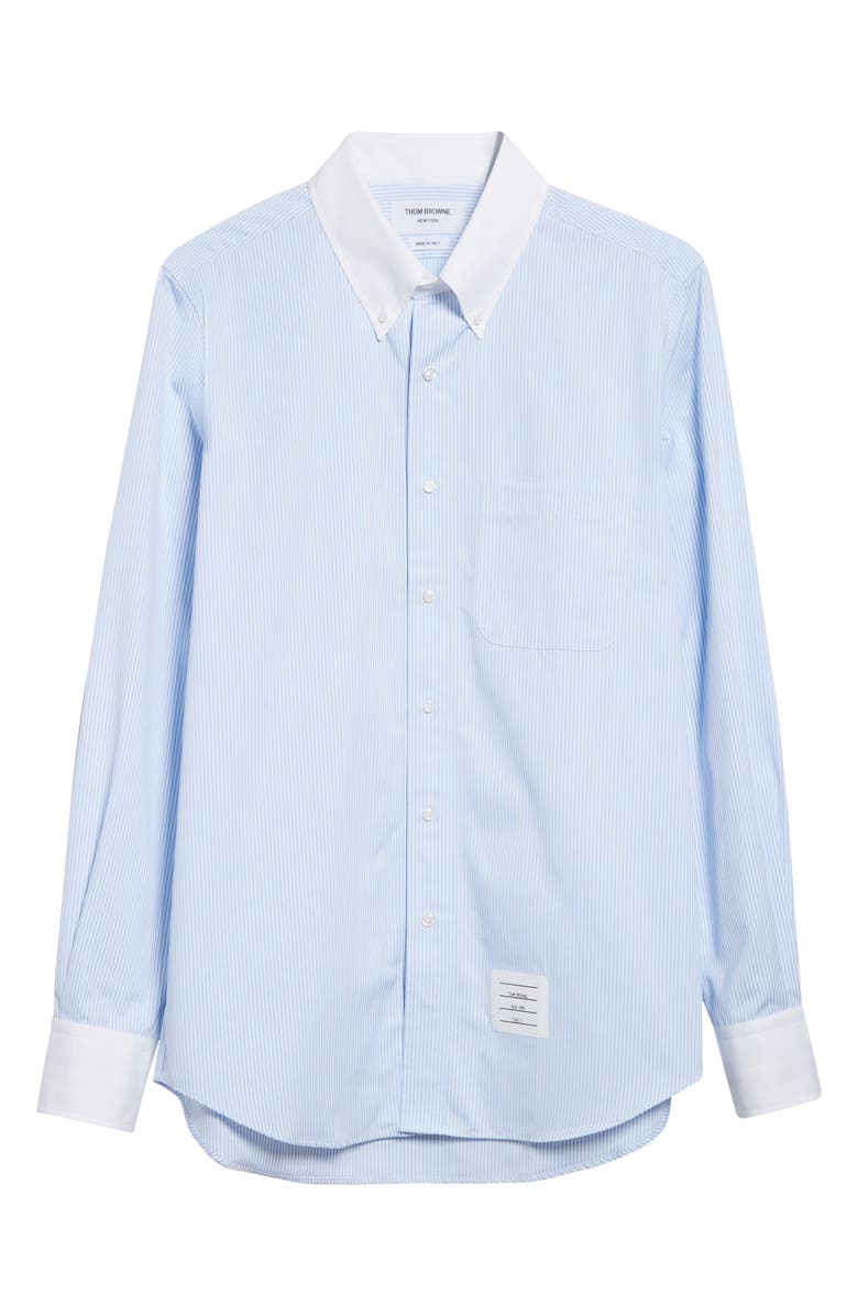 Thom Browne Micro University Stripe Straight Fit Cotton Poplin Button-Down Shirt, Alternate, color, Light Blue