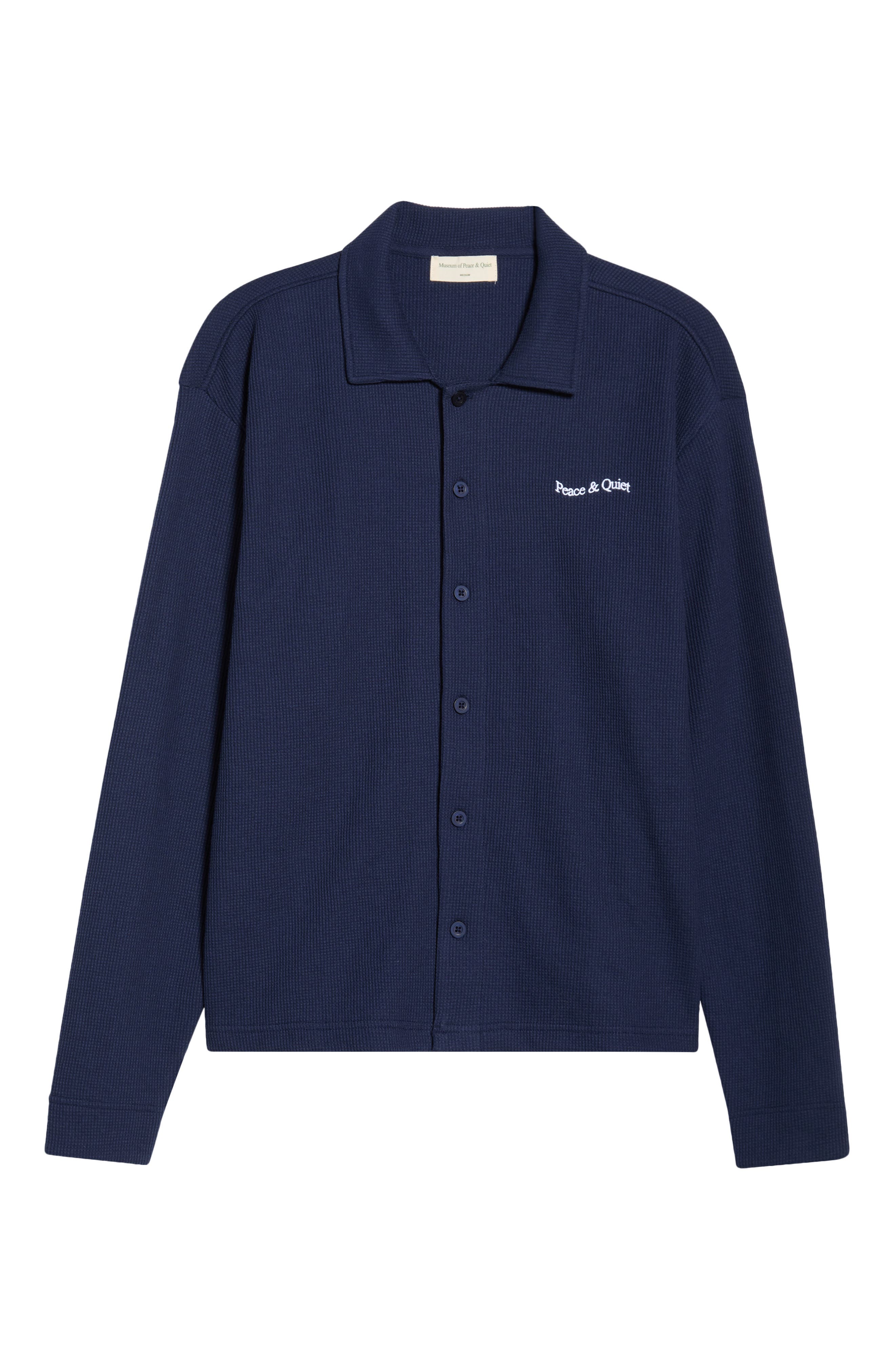Museum of Peace & Quiet Wordmark Waffle Knit Shirt Jacket in Navy 