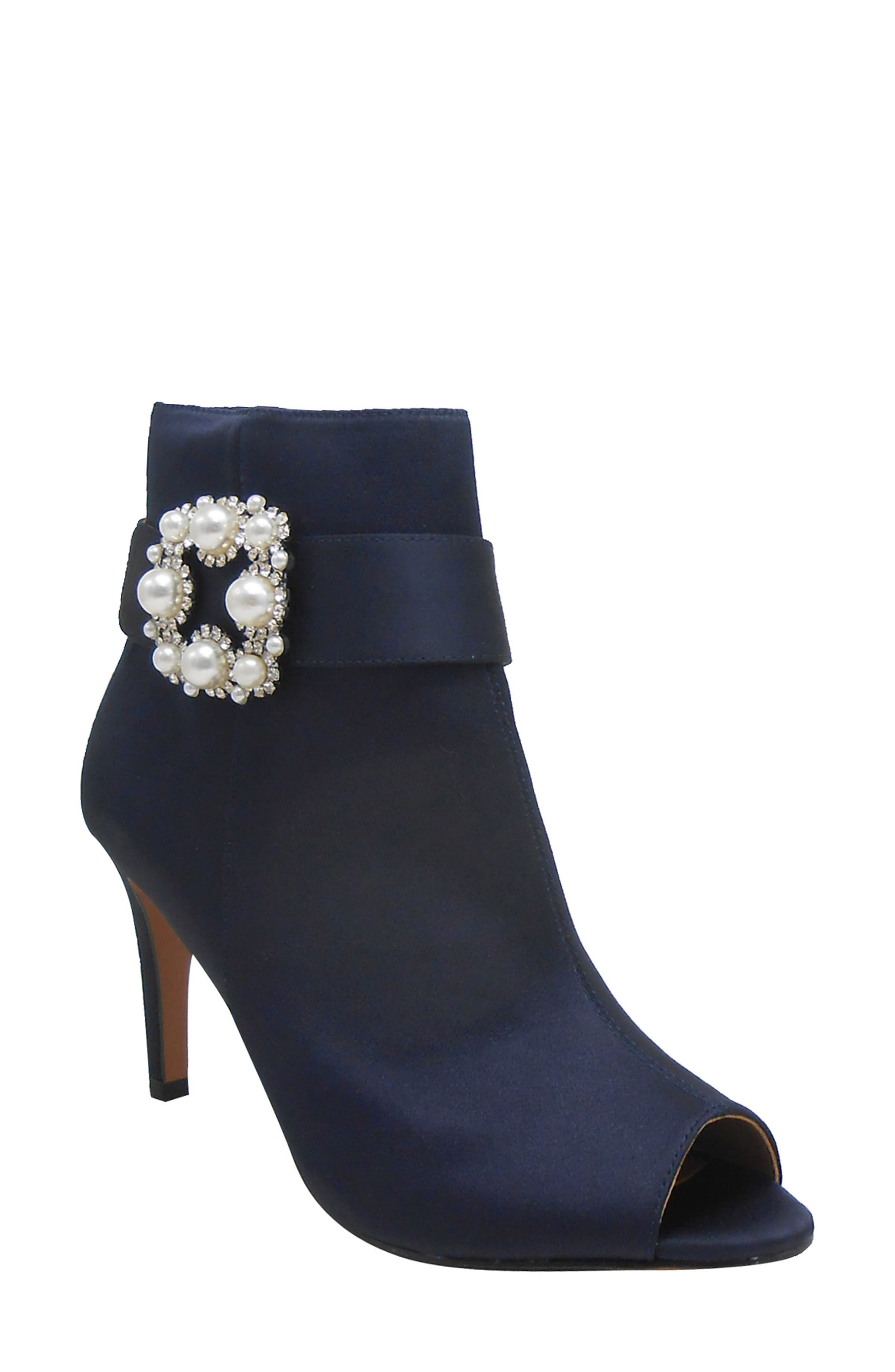 Pranati Embellished Open Toe Bootie, Main, color, NAVY SATIN