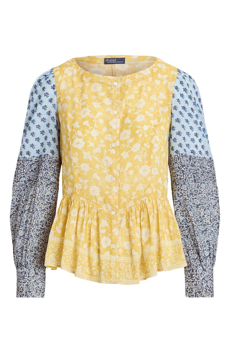 Polo Ralph Lauren Patchwork Long Sleeve Button-Up Peplum Top, Alternate, color, Woodblock Patchwork