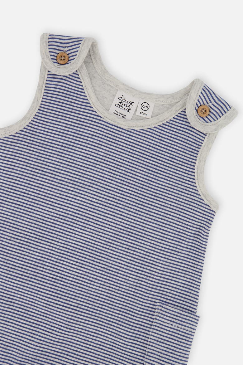 Boy Organic Cotton Romper and Striped Overall Set, Alternate, color, Blue Printed Transport