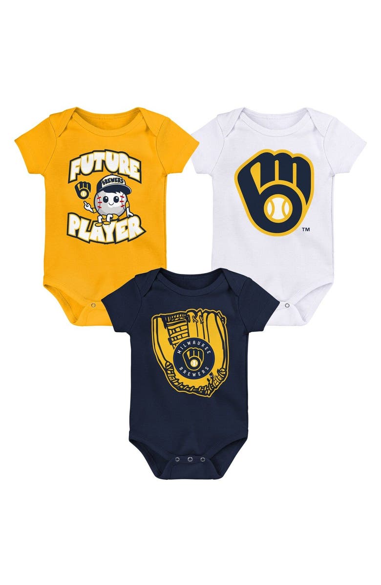 Outerstuff Newborn & Infant Gold/Navy/White Milwaukee Brewers Minor League Player Three-Pack Bodysuit Set, Main, color, Gold