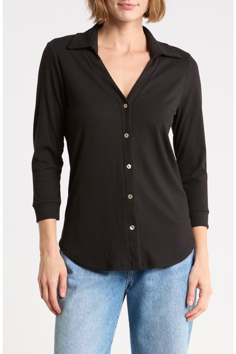 Ribbed Button Front Three Quarter Sleeve Top, Main, color, BLACK