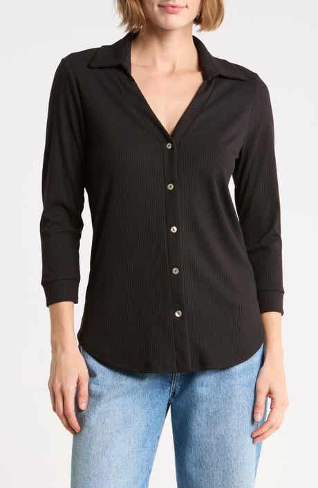 Ribbed Button Front Three Quarter Sleeve Top