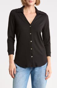 WEST K Ribbed Button Front Three Quarter Sleeve Top