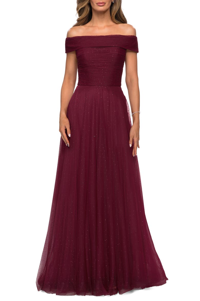 Tulle Off the Shoulder A-line Dress with Rhinestones, Main, color, BURGUNDY