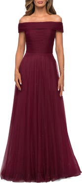 La Femme Tulle Off the Shoulder A-line Dress with Rhinestones