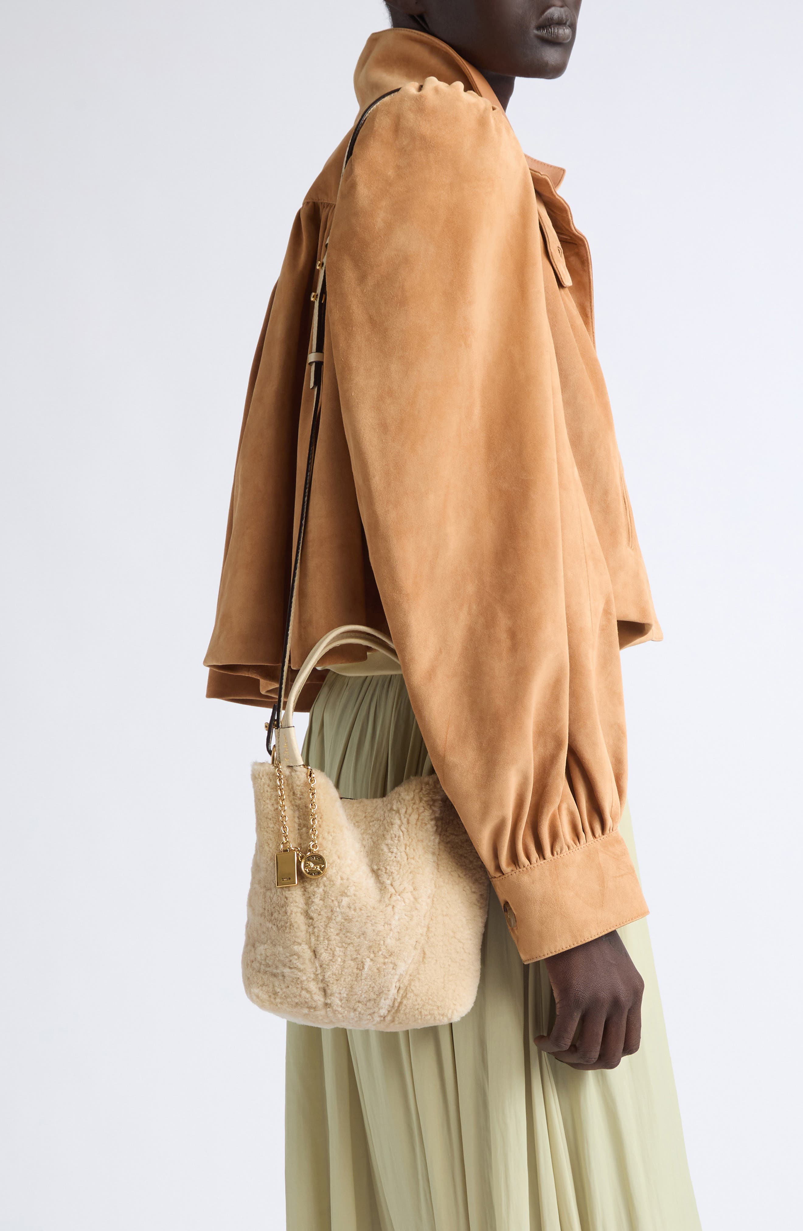 Spin Shearling Leather Mini Bucket Bag, Alternate, color, SWEET BEIGE