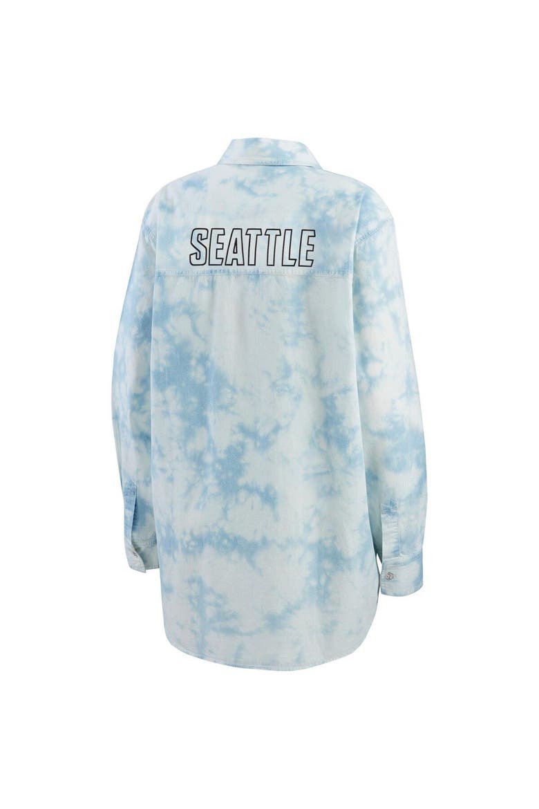 Women's WEAR by Erin Andrews White Seattle Kraken Oversized Tie-Dye Button-Up Denim Shirt, Alternate, color, White