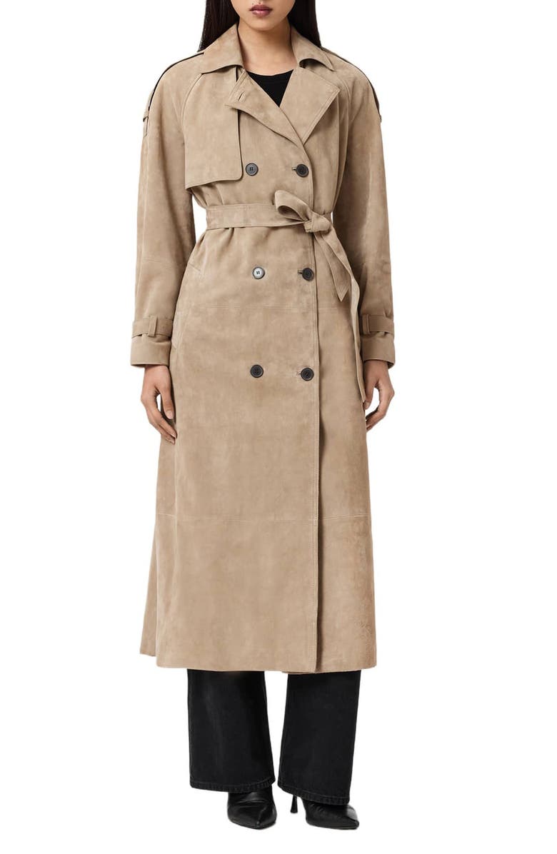 AllSaints Reed Suede Trench Coat, Main, color, Taupe Brown