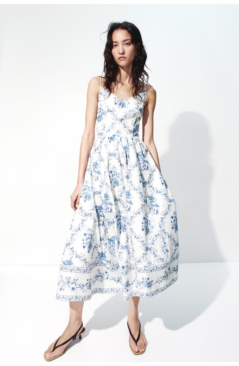 H&M Flared-skirt strappy dress, Main, color, White/Blue Floral