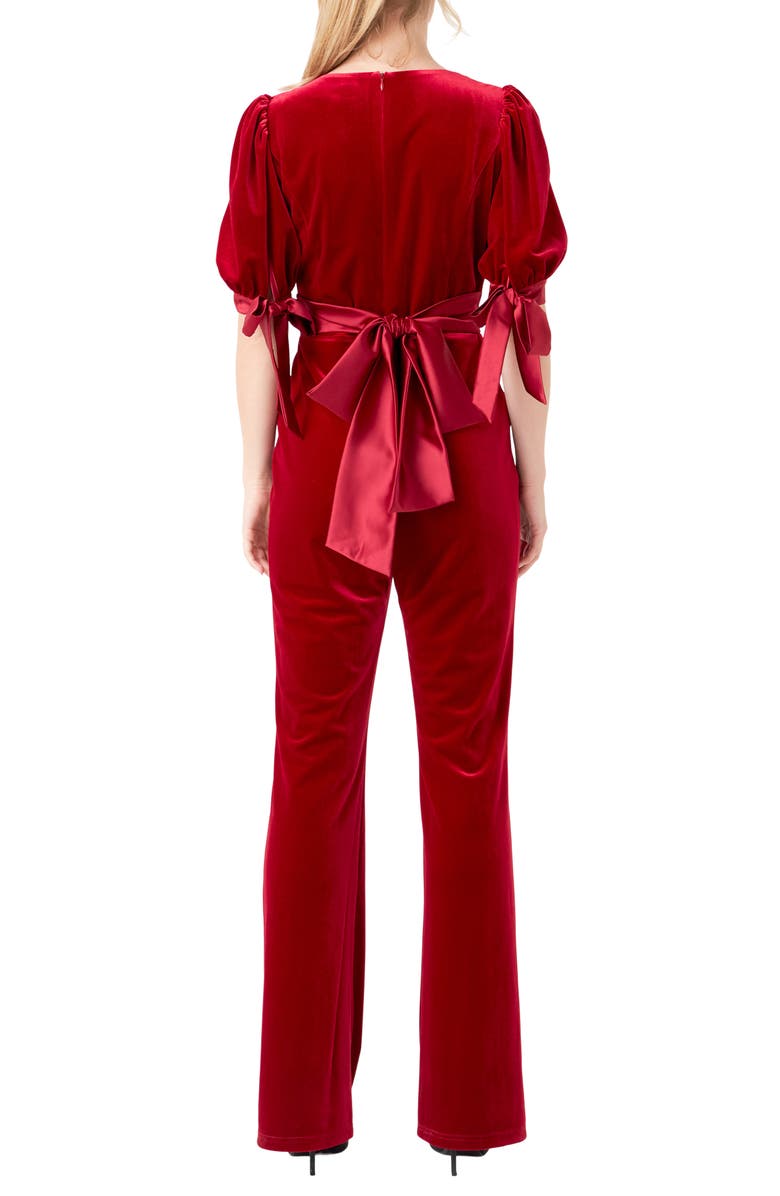 Endless Rose Bow Tie Velvet Jumpsuit, Alternate, color, Rouge