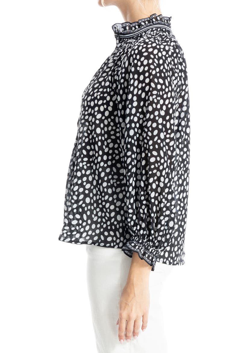 Ruffle Collar Puff Shoulder Top, Alternate, color, BLACK/ ECRU OVALS