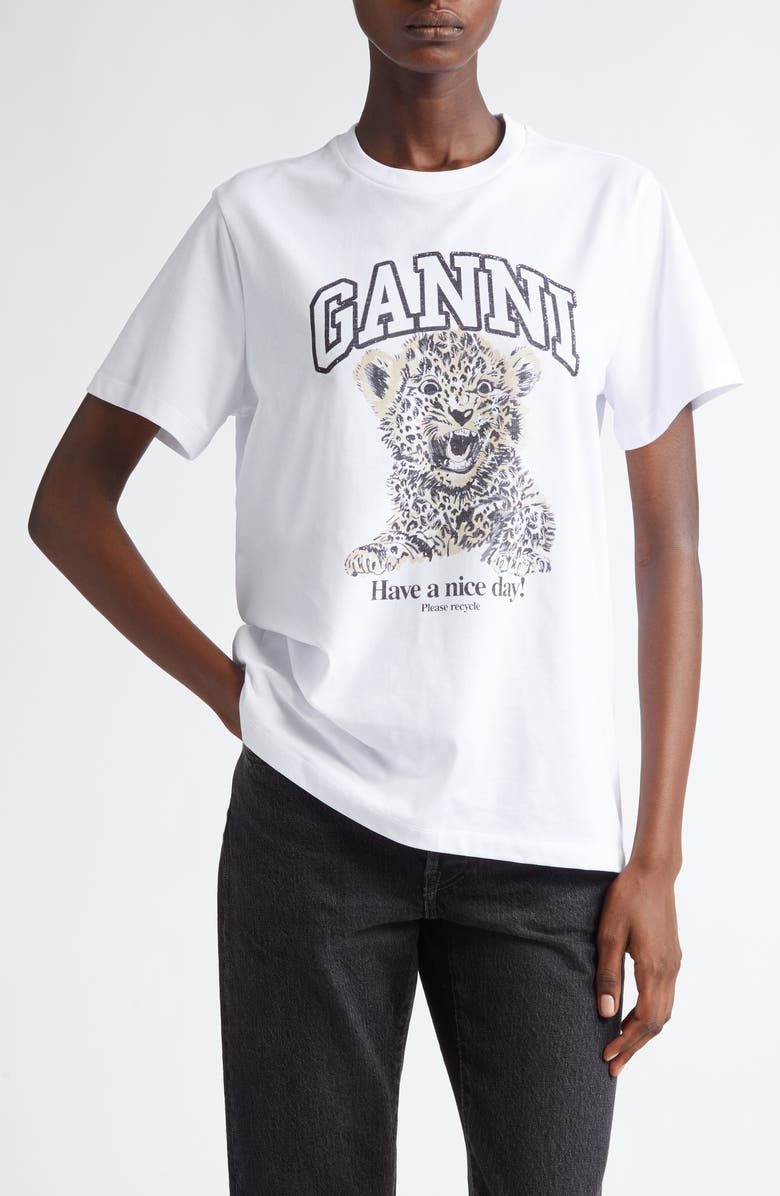 Ganni Leopard Cotton Graphic T-Shirt, Main, color, White/ Leopard