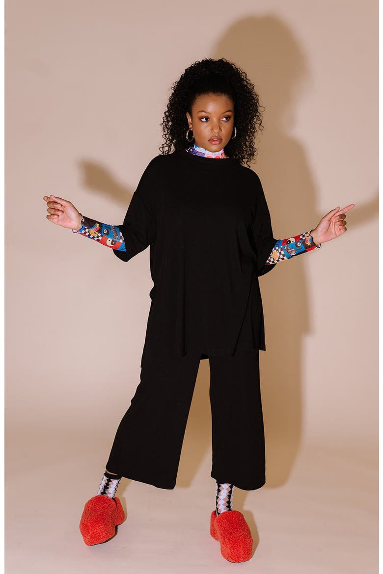 Lex Ribbed Oversize T-Shirt & High Waist Crop Pants Set, Alternate, color, BLACK