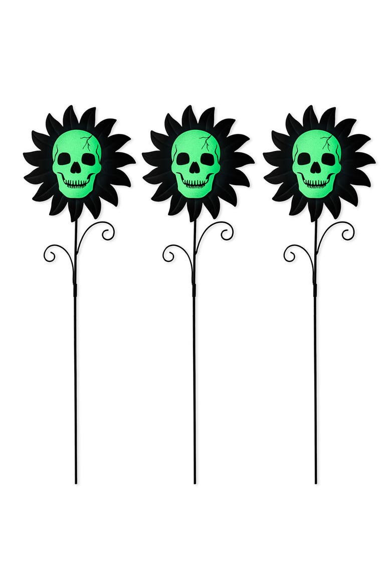 Set of 3 Halloween Metal Sunflower Skulls Glow-in-Dark Yard Stakes, Main, color, Black