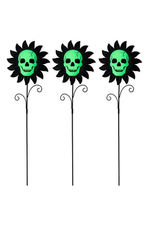 Set of 3 Halloween Metal Sunflower Skulls Glow-in-Dark Yard Stakes