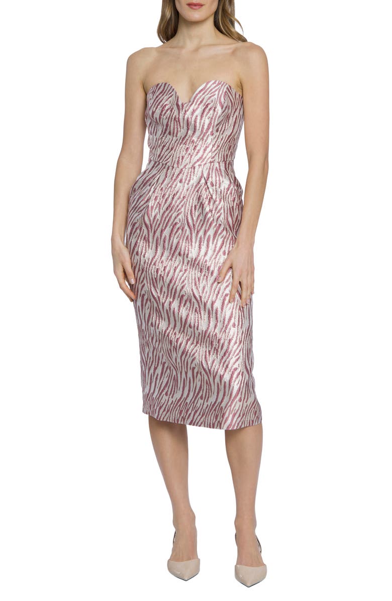 Donna Morgan Zebra Stripe Strapless Jacquard Midi Dress, Main, color,