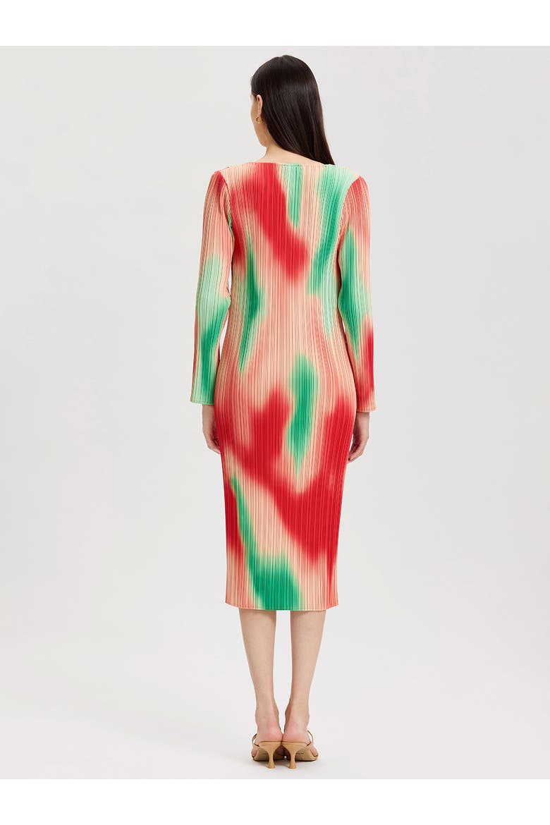 Micro Pleated Print Crepe Midi Dress, Alternate, color, Cherry Ember/Peach/Green