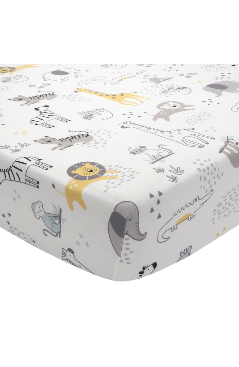 Lambs & Ivy Animal Jungle Soft 100% Cotton Jersey Baby Fitted Crib Sheet, Main, color, White Multi