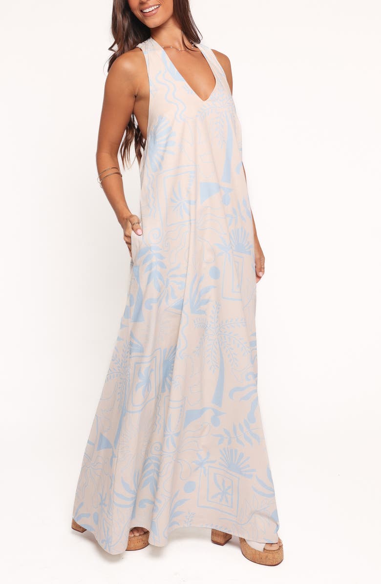 Petal & Pup Naida Mixed Print Cotton Halter Maxi Dress, Alternate, color, Blue Soleil