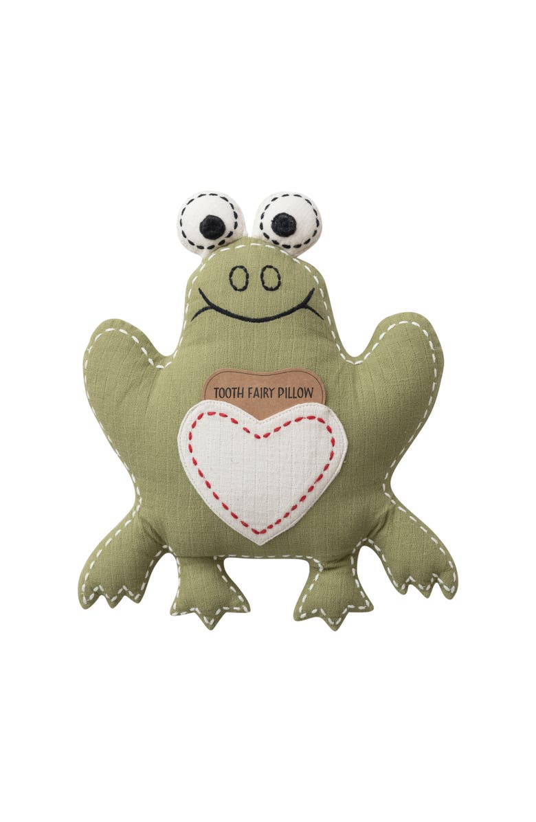 Storied Home Cotton Double Cloth Frog Tooth Fairy Pillow with Hand-Embroidery, Green and Natural, Main, color, Green