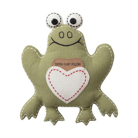 Cotton Double Cloth Frog Tooth Fairy Pillow with Hand-Embroidery, Green and Natural