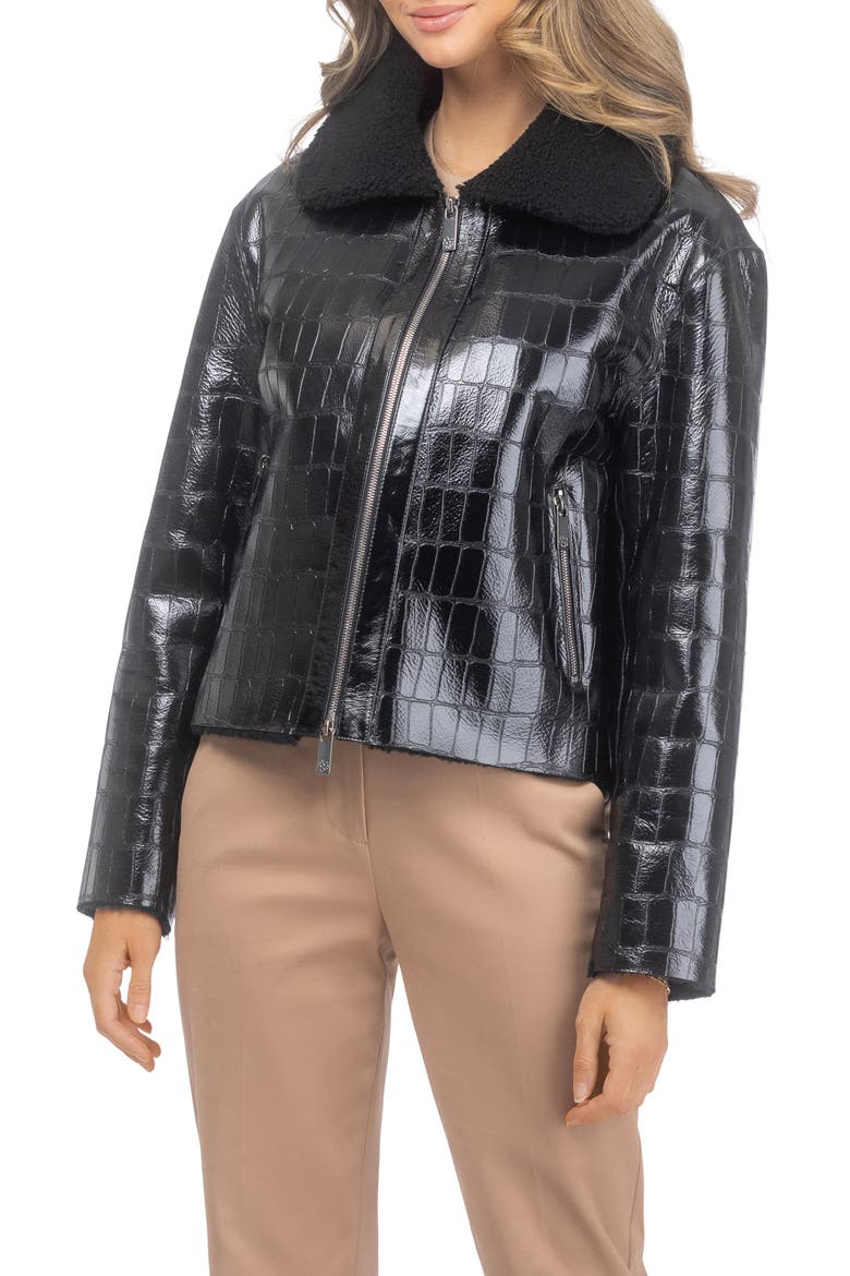 Genuine Shearling Croco Embossed Zip Jacket, Main, color, Black