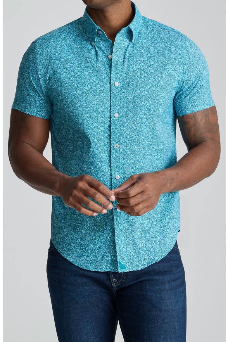 Halloway Floral Short Sleeve Performance Button-Down Shirt, Main, color, NAVY TEAL