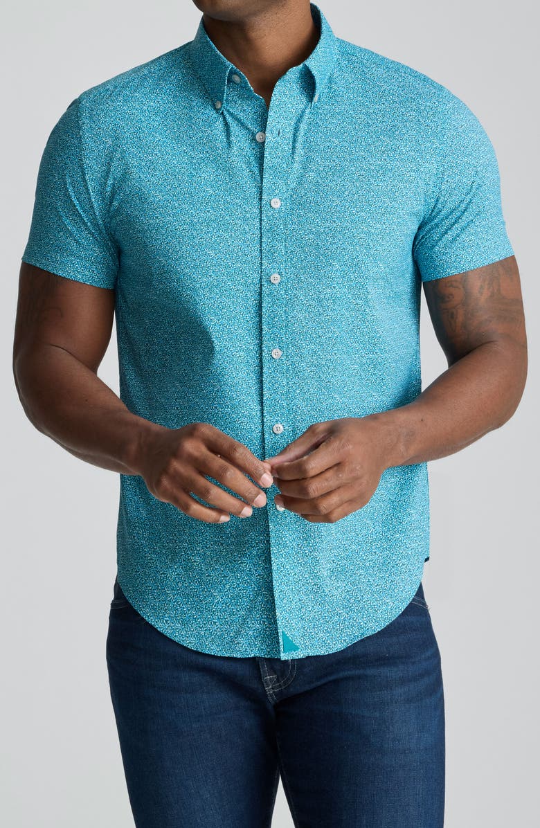 UNTUCKit Halloway Floral Short Sleeve Performance Button-Down Shirt, Main, color, Navy Teal